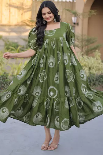Exclusive Green Printed Cotton Casual Wear Dress