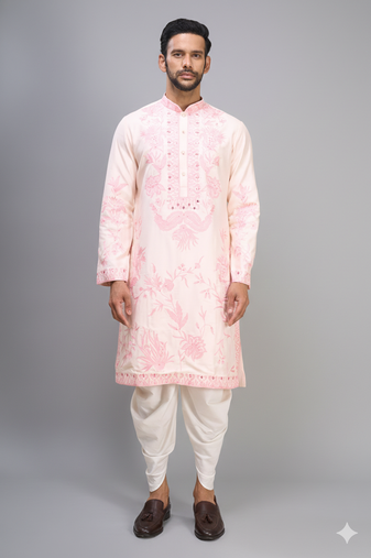 men’s pink embroidered silk kurta with off white patiala pants