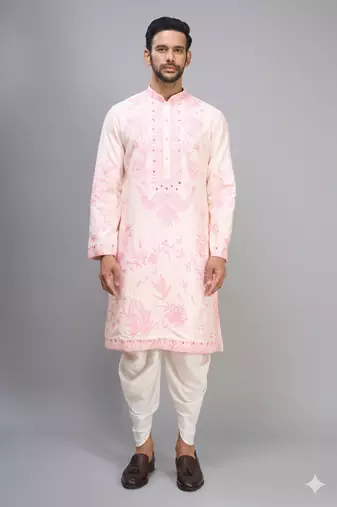 men’s pink embroidered silk kurta with off white patiala pants