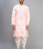 men’s pink embroidered silk kurta with off white patiala pants