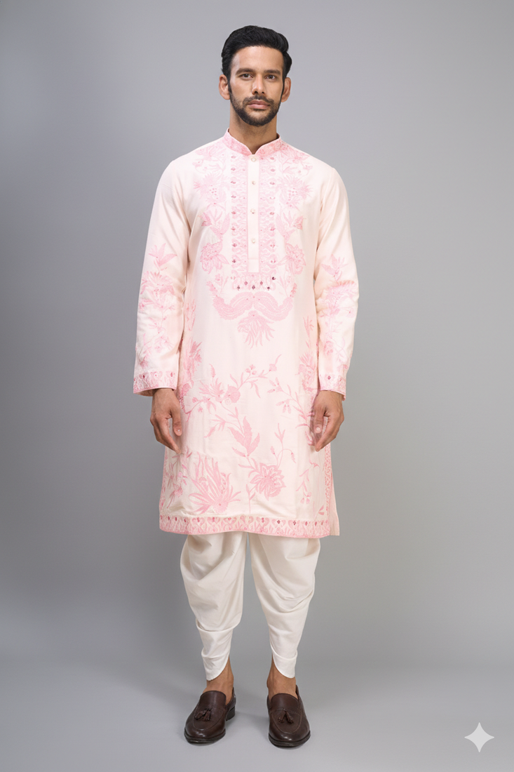 men’s pink embroidered silk kurta with off white patiala pants