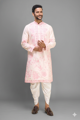 men’s pink embroidered silk kurta with off white patiala pants 2