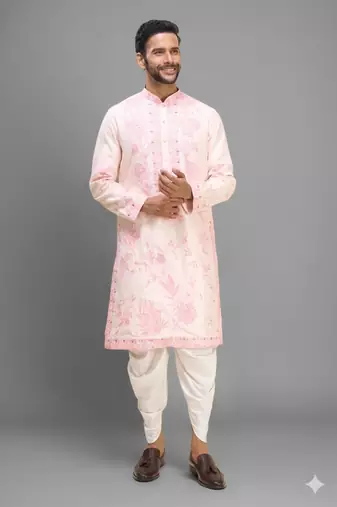 men’s pink embroidered silk kurta with off white patiala pants