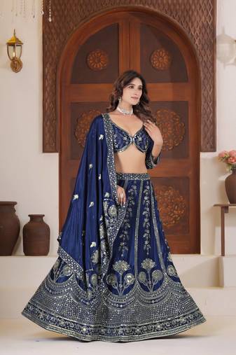 Blue Color  Sequins and Zari Embroidery Work  Silk Lehenga Choli Set