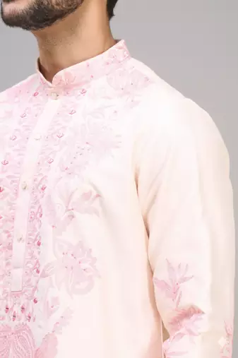 men’s pink embroidered silk kurta with off white patiala pants