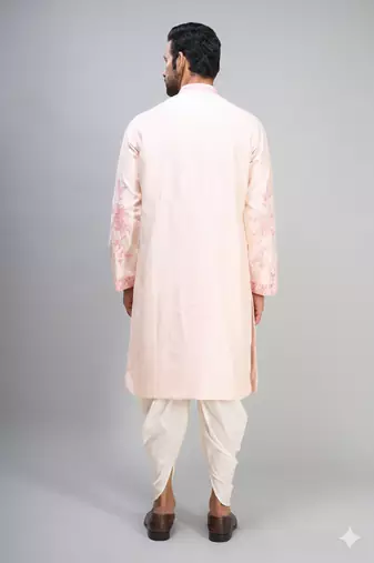 men’s pink embroidered silk kurta with off white patiala pants