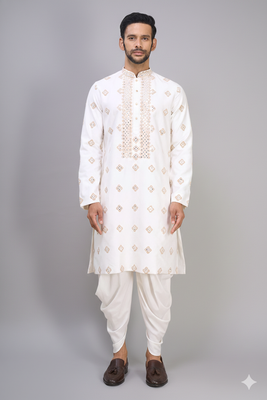 men’s off white silk embroidered kurta with patiala set 1