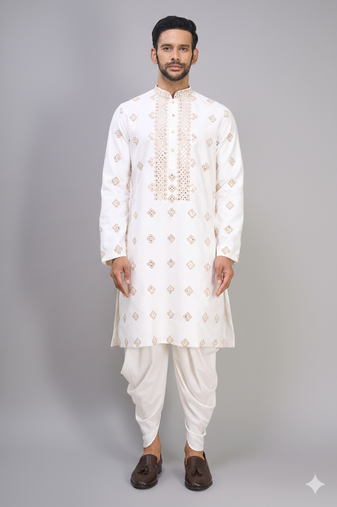 men’s off white silk embroidered kurta with patiala set