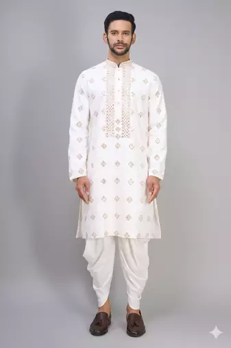 men’s off white silk embroidered kurta with patiala set
