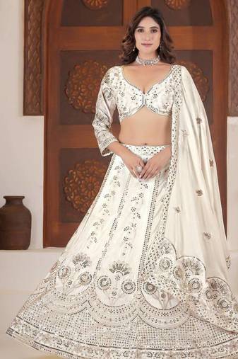 White  Color  Sequins and Zari Embroidery Work  Silk Lehenga Choli Set