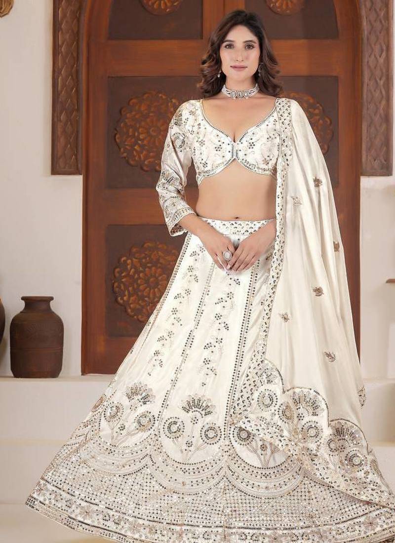 White  Color  Sequins and Zari Embroidery Work  Silk Lehenga Choli Set