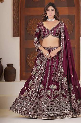 Wine  Color  Sequins and Zari Embroidery Work  Silk Lehenga Choli Set