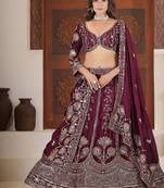 wine sequin zari embroidered chinon silk lehenga