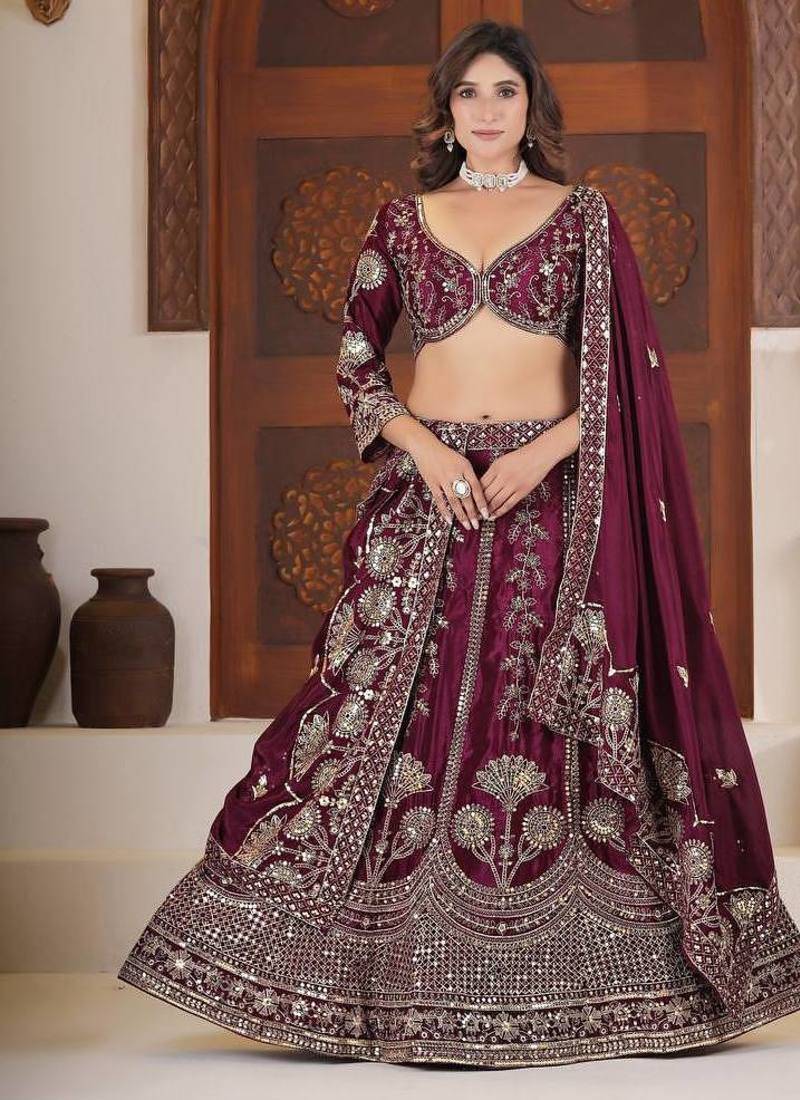Wine  Color  Sequins and Zari Embroidery Work  Silk Lehenga Choli Set