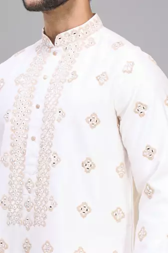 men’s off white silk embroidered kurta with patiala set
