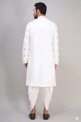men’s off white silk embroidered kurta with patiala set