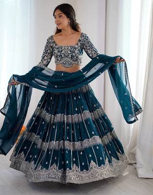 Dark green Faux Georgette Lehenga Choli Set with Thread & Sequin Embroidery 1