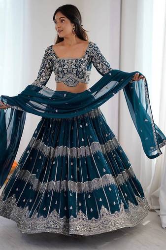 Dark green Faux Georgette Lehenga Choli Set with Thread & Sequin Embroidery