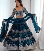Dark green Faux Georgette Lehenga Choli Set with Thread & Sequin Embroidery