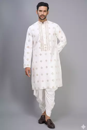 men’s off white silk embroidered kurta with patiala set