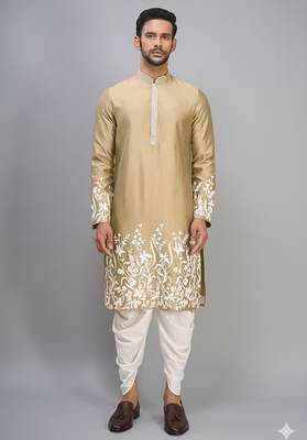 fawn embroidered men’s silk kurta patiala set 1