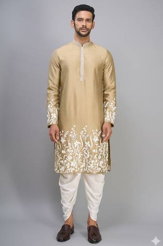 fawn embroidered men’s silk kurta patiala set