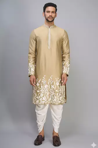fawn embroidered men’s silk kurta patiala set