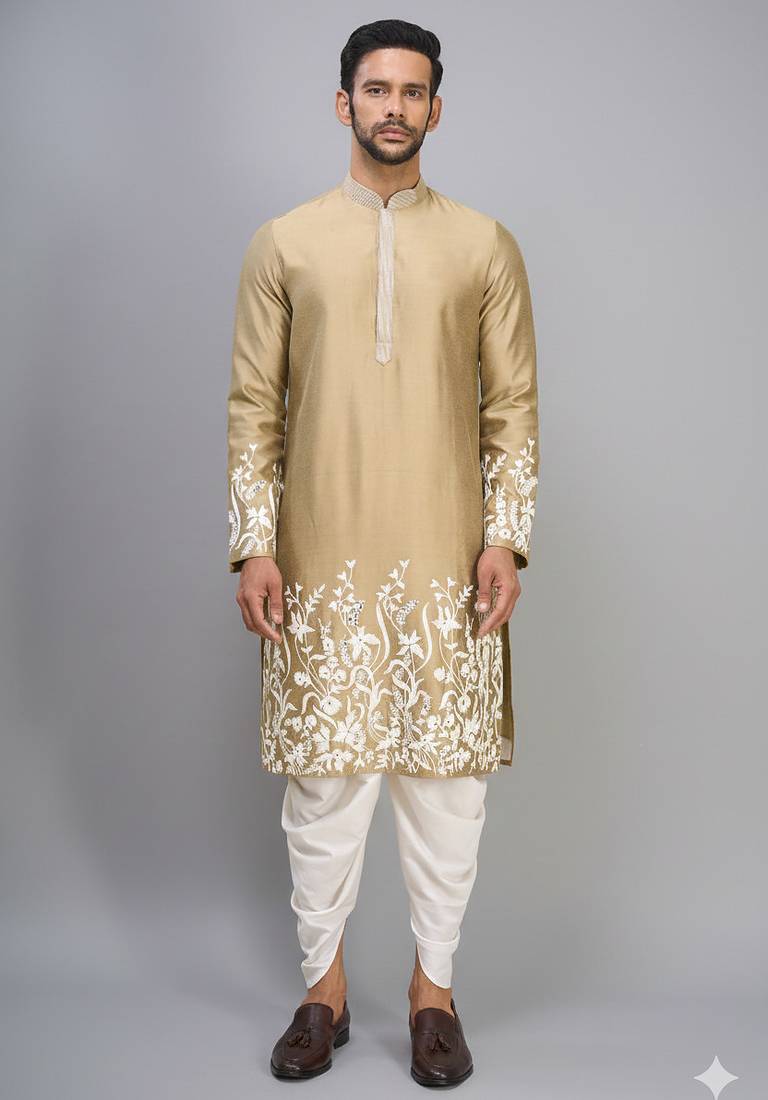 fawn embroidered men’s silk kurta patiala set