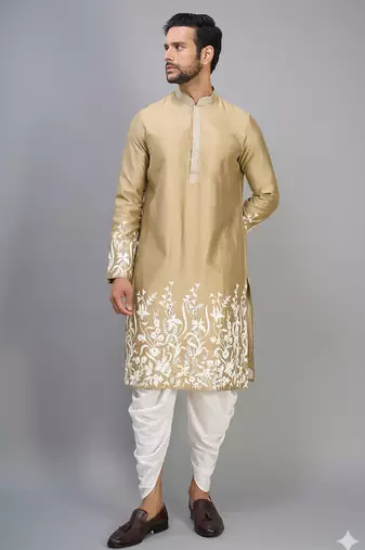 fawn embroidered men’s silk kurta patiala set