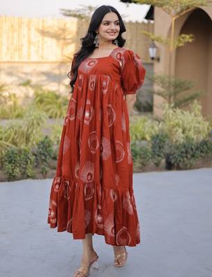 Glorious Rust Orange Printed Cotton Office Wear Dress 1