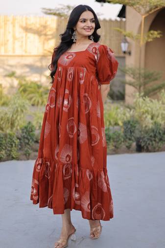 Glorious Rust Orange Printed Cotton Office Wear Dress