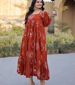 Glorious Rust Orange Printed Cotton Office Wear Dress