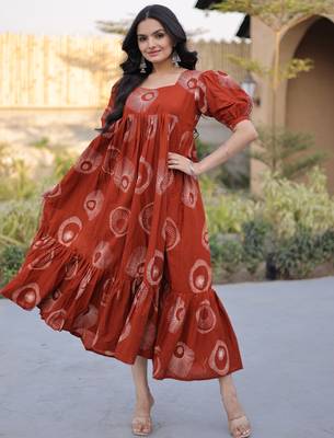 Glorious Rust Orange Printed Cotton Office Wear Dress 3
