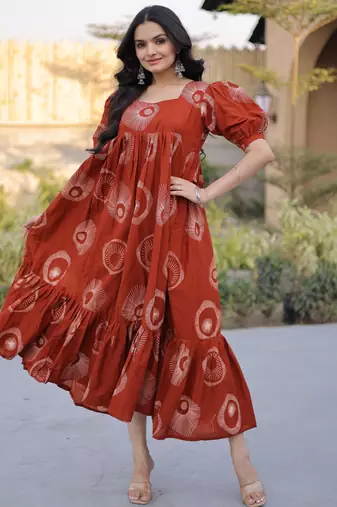 Glorious Rust Orange Printed Cotton Office Wear Dress