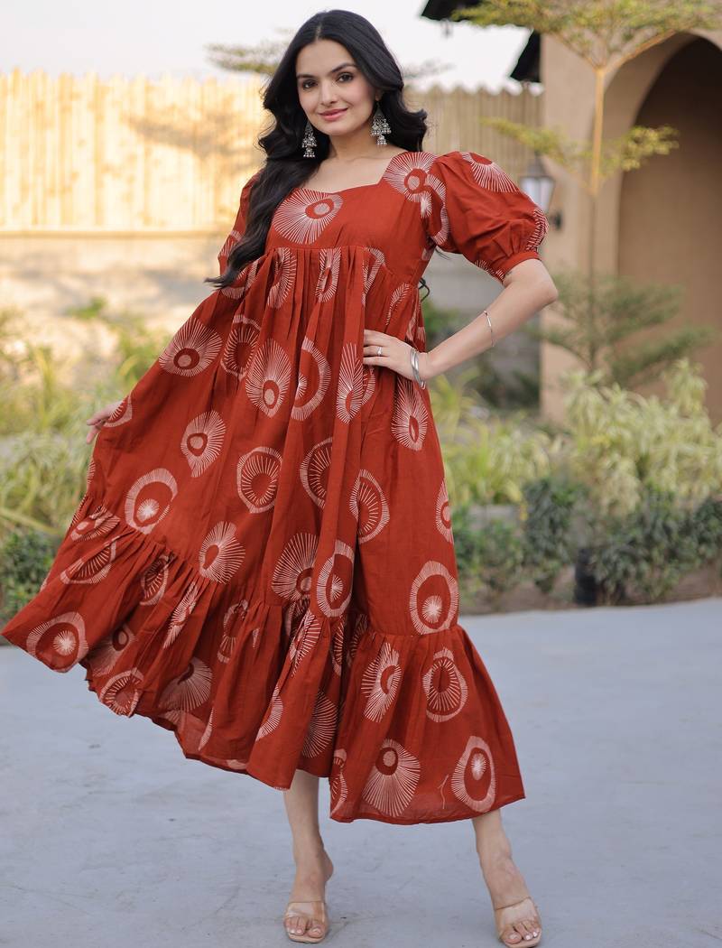 Glorious Rust Orange Printed Cotton Office Wear Dress