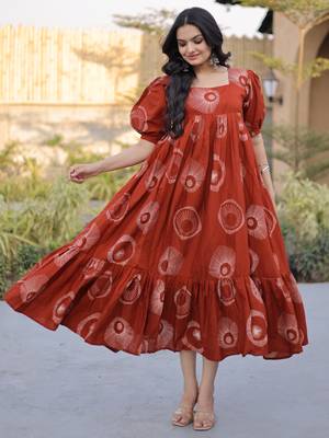 Glorious Rust Orange Printed Cotton Office Wear Dress 4