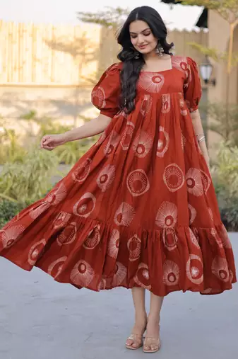Glorious Rust Orange Printed Cotton Office Wear Dress