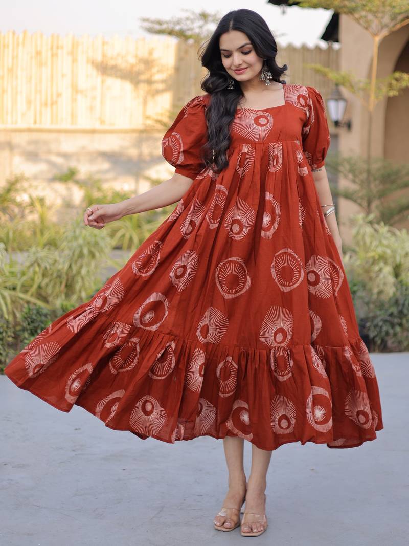 Glorious Rust Orange Printed Cotton Office Wear Dress