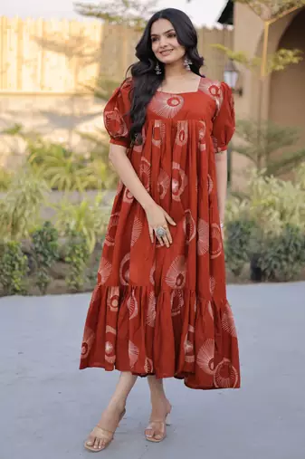 Glorious Rust Orange Printed Cotton Office Wear Dress