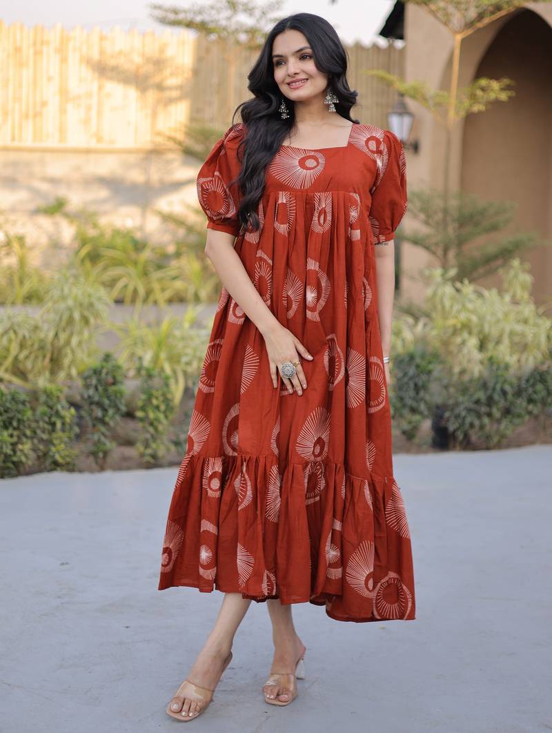Glorious Rust Orange Printed Cotton Office Wear Dress