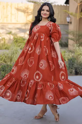 Glorious Rust Orange Printed Cotton Office Wear Dress