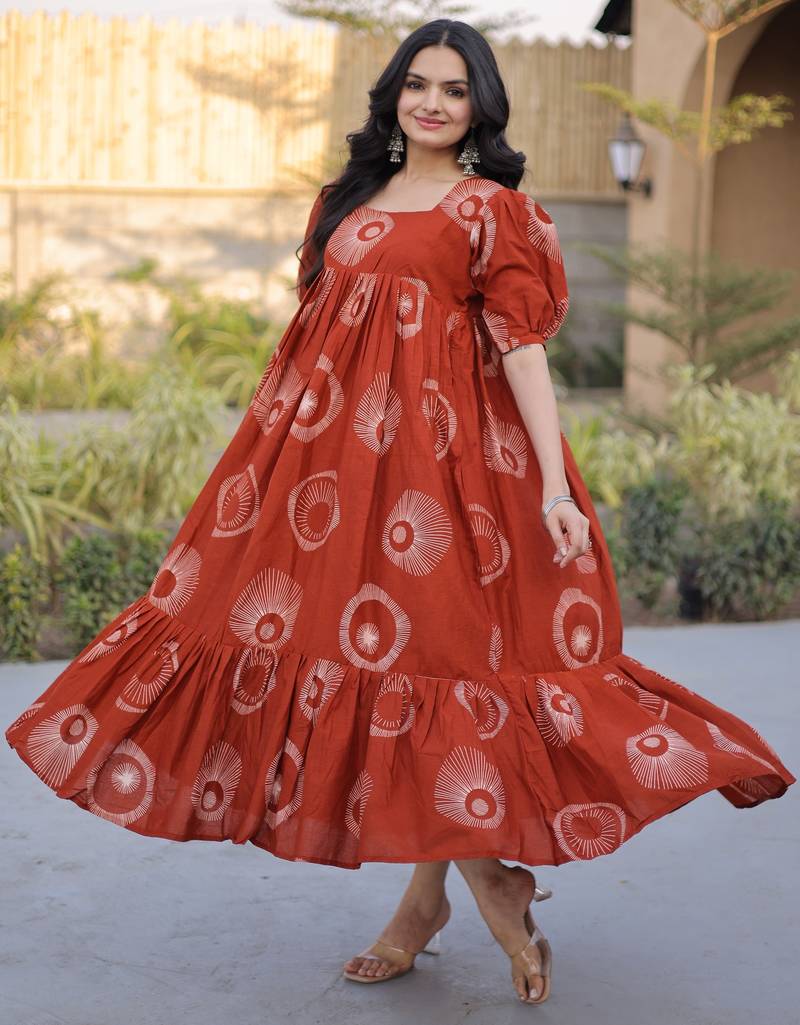 Glorious Rust Orange Printed Cotton Office Wear Dress