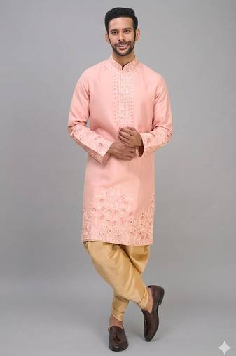 men’s peach embroidered silk kurta patiala set
