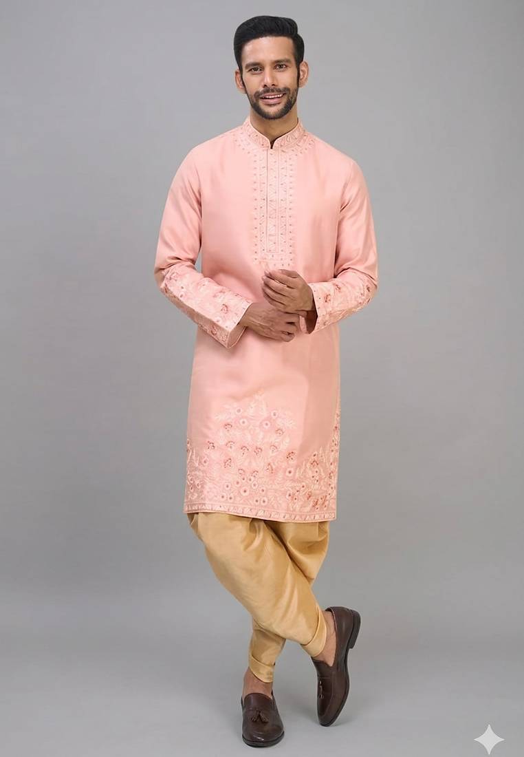 men’s peach embroidered silk kurta patiala set