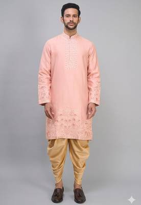 men’s peach embroidered silk kurta patiala set 2