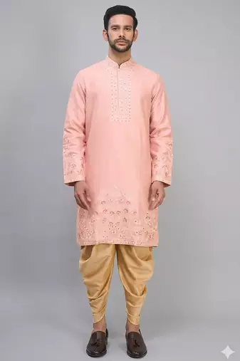 men’s peach embroidered silk kurta patiala set