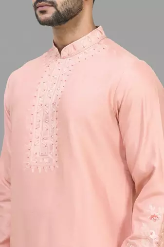 men’s peach embroidered silk kurta patiala set