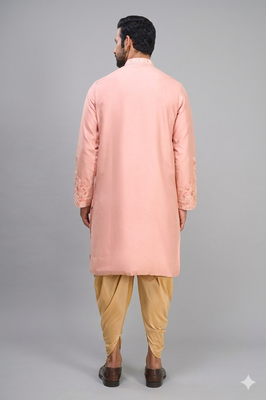 men’s peach embroidered silk kurta patiala set 4
