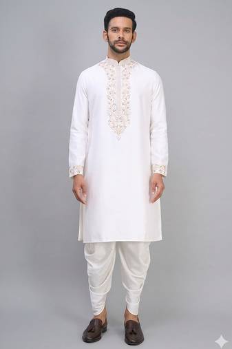 men’s off white embroidered silk kurta patiala set