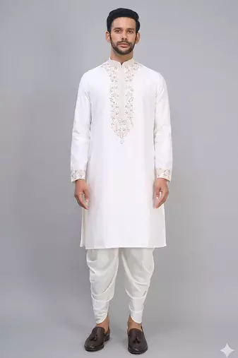 men’s off white embroidered silk kurta patiala set